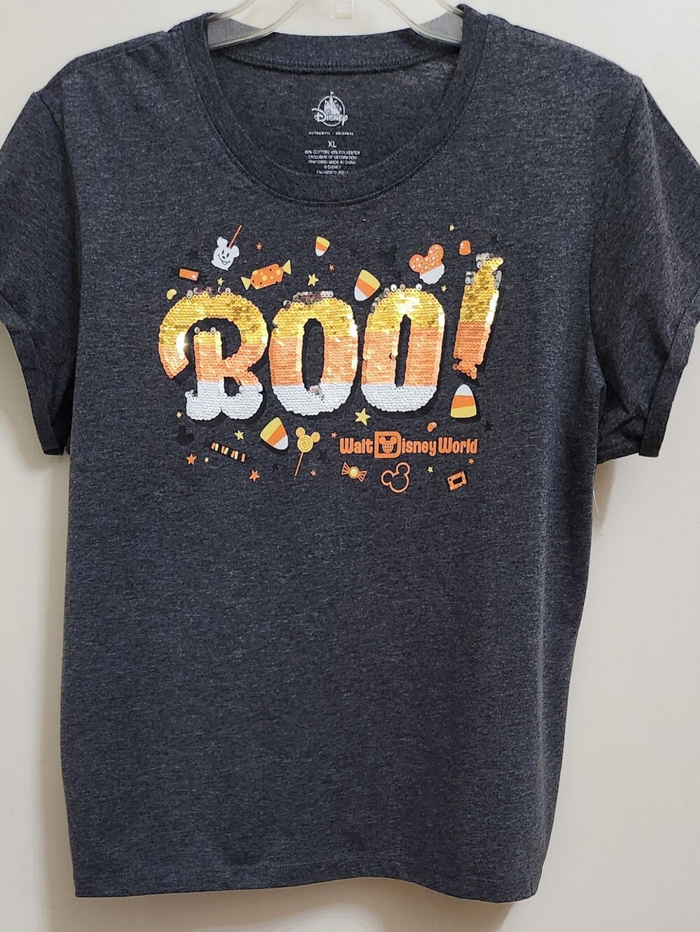 **BRAND NEW** Disney World Parks XL Boo Halloween Mickey Candy Corn Sequin Shirt